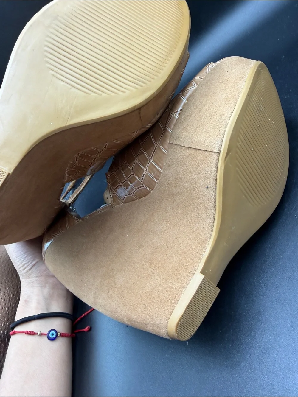 XOXO Rusty Beige Croc-Embossed Wedge Heels